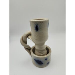 Vintage Hand-Carved Williamsburg Pottery Cobalt Salt Glazed Candle Holder 4"